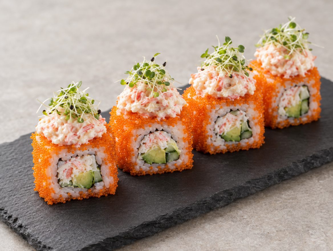 California roll met viskuit, krabsalade en kiemgroente