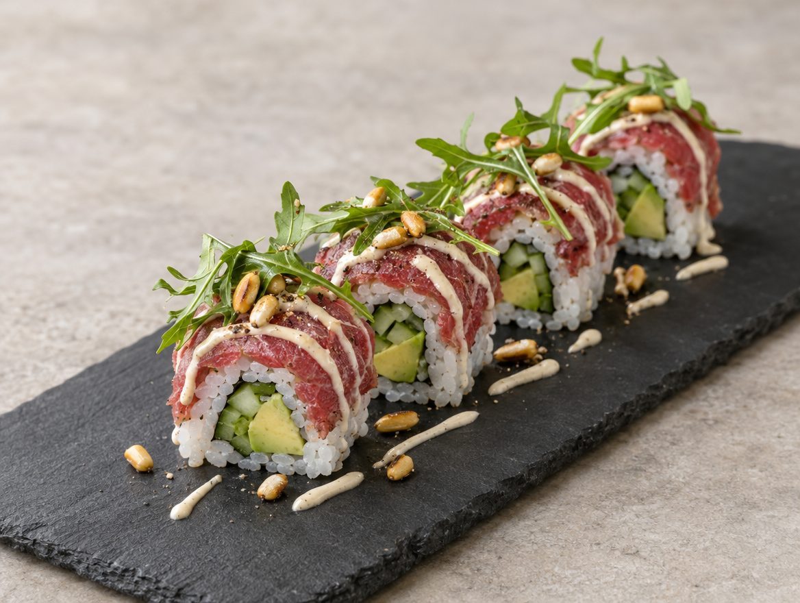 Maki carpaccio met rucola, pijnboompitten en truffelmayonaise
