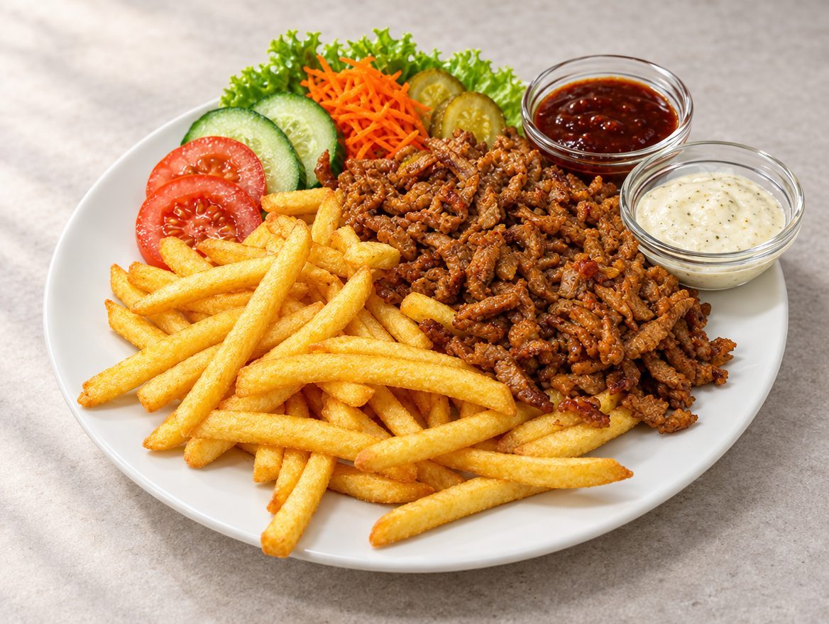 Shoarma menu met patat, salade en sausjes