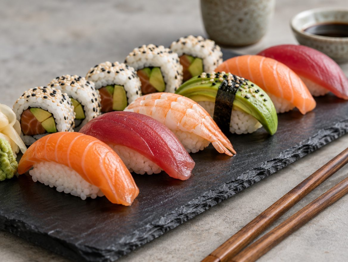 Nigiri en rolls met zalm, tonijn en avocado