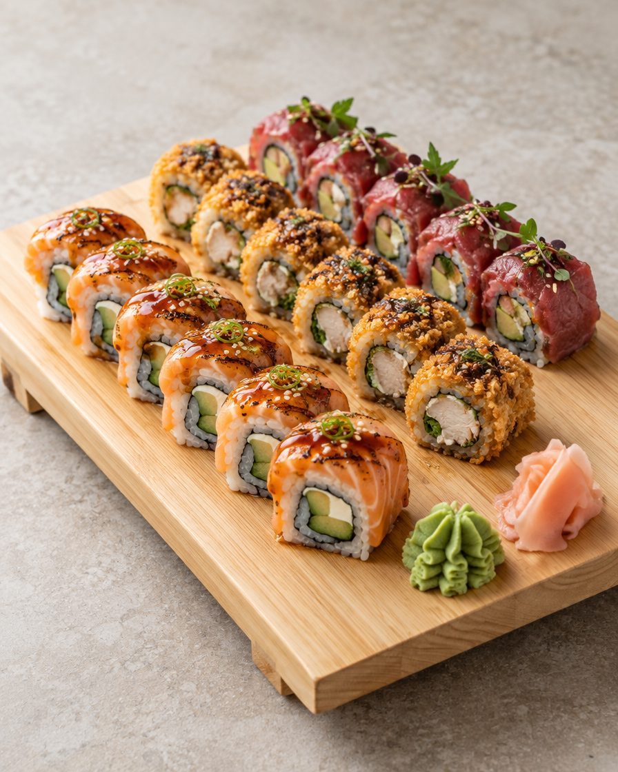 Sushiplank met flambé zalm, crispy chicken en carpaccio